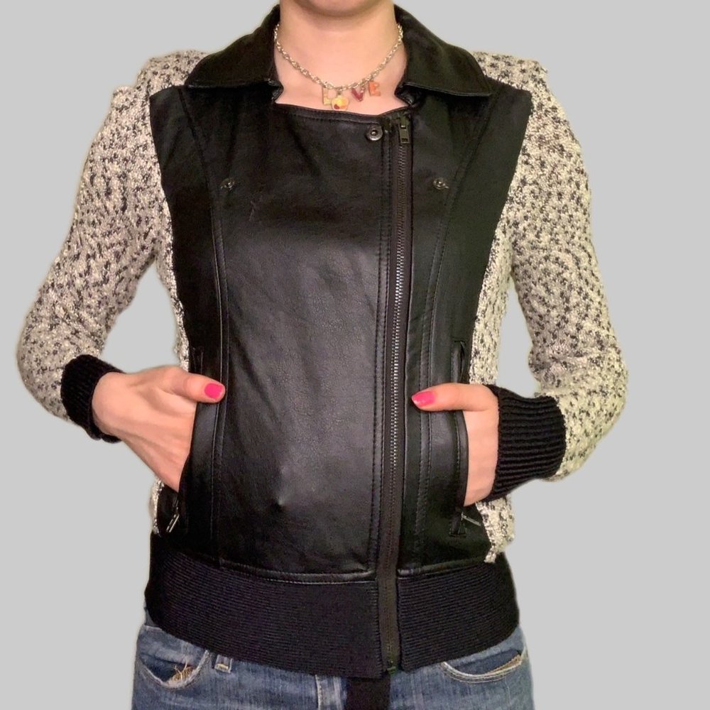 Guess Black Leather Fabric Motorcycle Style Jacket XS